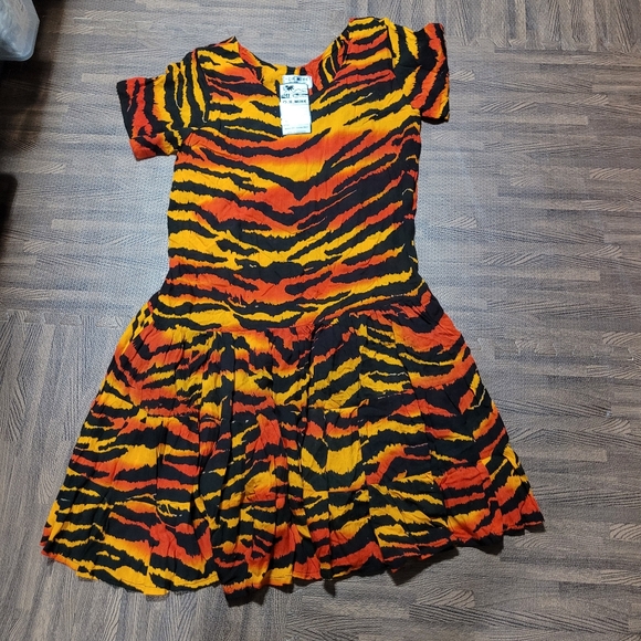 New OK Mike Womens One Size Animal Print Orange Black drop Waist Dress NWT - Picture 3 of 11